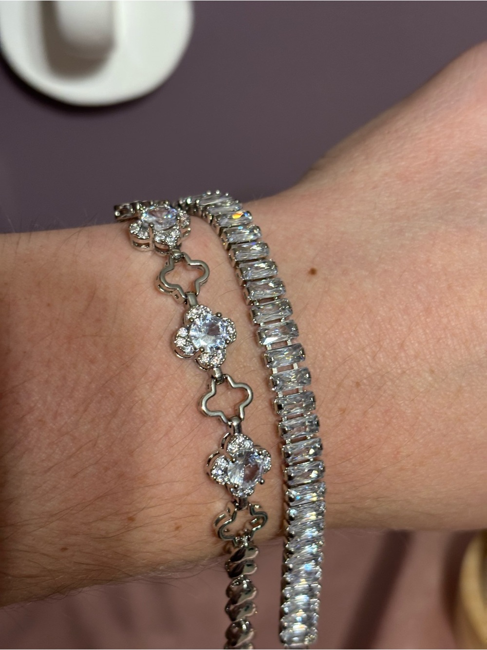 Silver CZ Tennis Bracelet and Floral Link Bracelet - Silver